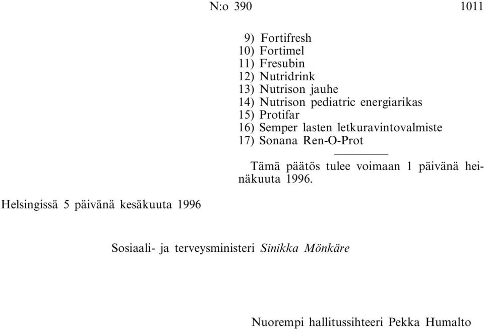 Sonana Ren-O-Prot Tämä päätös tulee voimaan 1 päivänä heinäkuuta 1996.