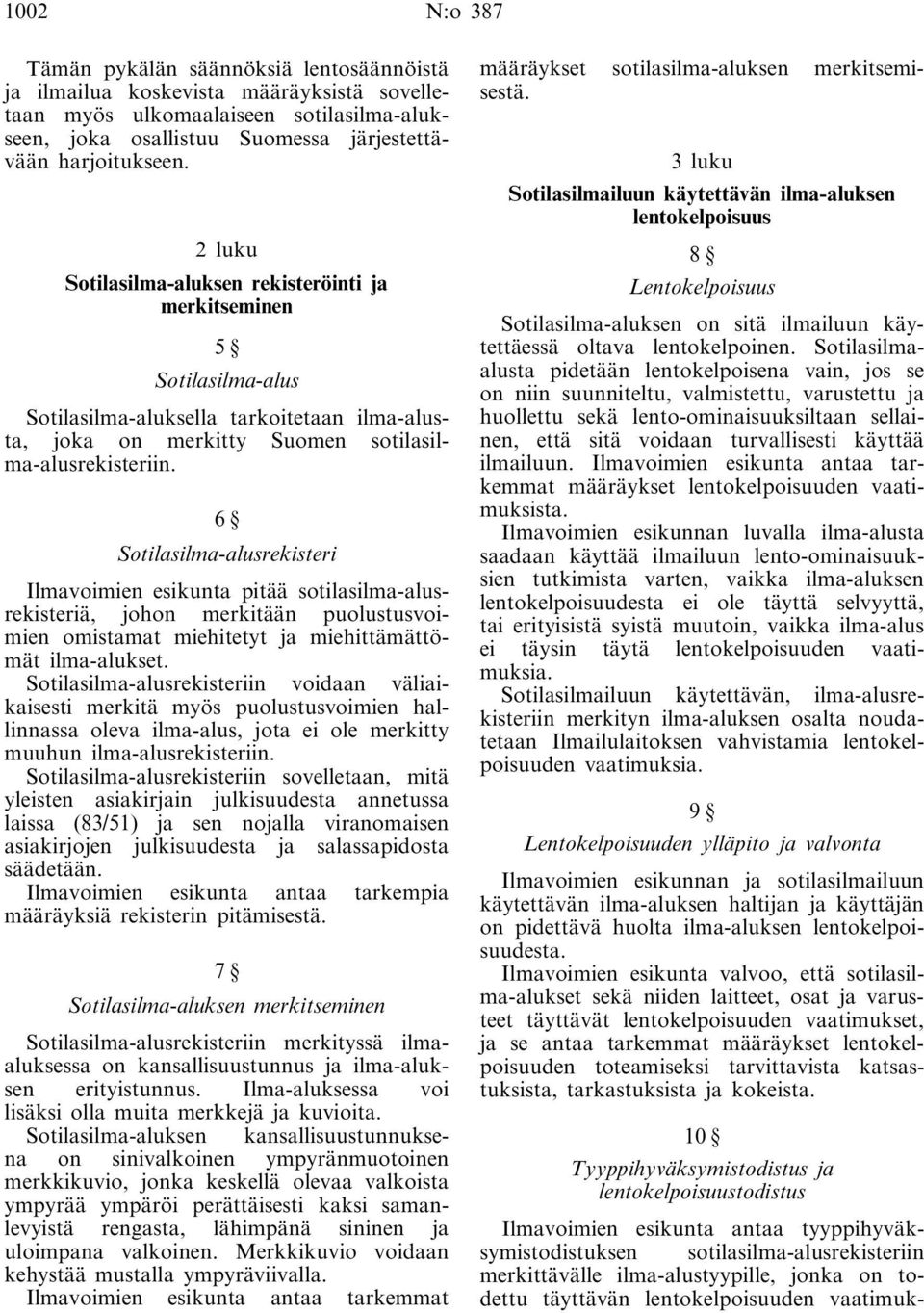 6 Sotilasilma-alusrekisteri Ilmavoimien esikunta pitää sotilasilma-alusrekisteriä, johon merkitään puolustusvoimien omistamat miehitetyt ja miehittämättömät ilma-alukset.