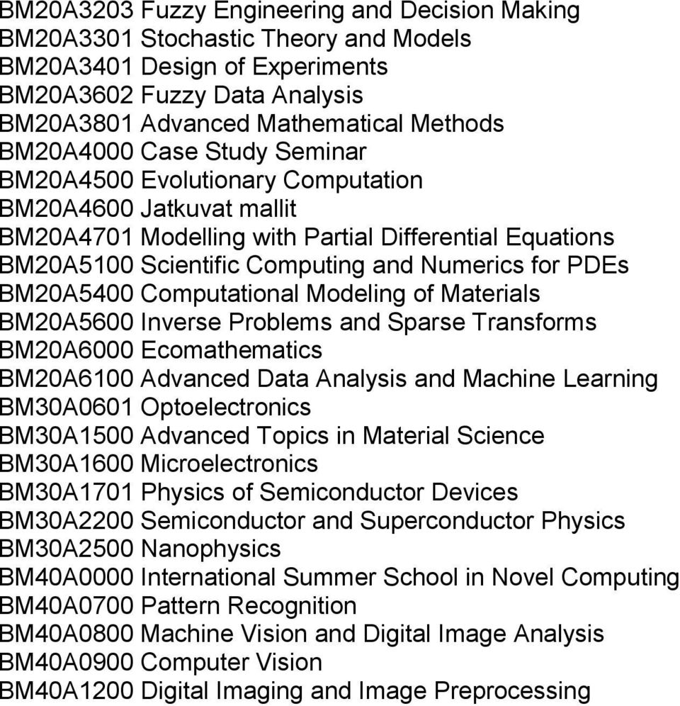 Computational Modeling of Materials BM20A5600 Inverse Problems and Sparse Transforms BM20A6000 Ecomathematics BM20A6100 Advanced Data Analysis and Machine Learning BM30A0601 Optoelectronics BM30A1500