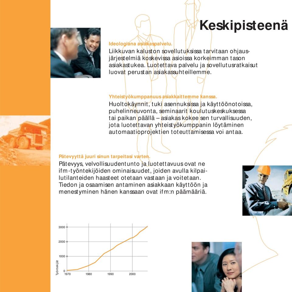 Huoltokäynnit, tuki asennuksissa ja käyttöönotoissa, puhelinneuvonta, seminaarit koulutuskeskuksessa tai paikan päällä asiakas kokee sen turvallisuuden, jota luotettavan yhteistyökumppanin löytäminen