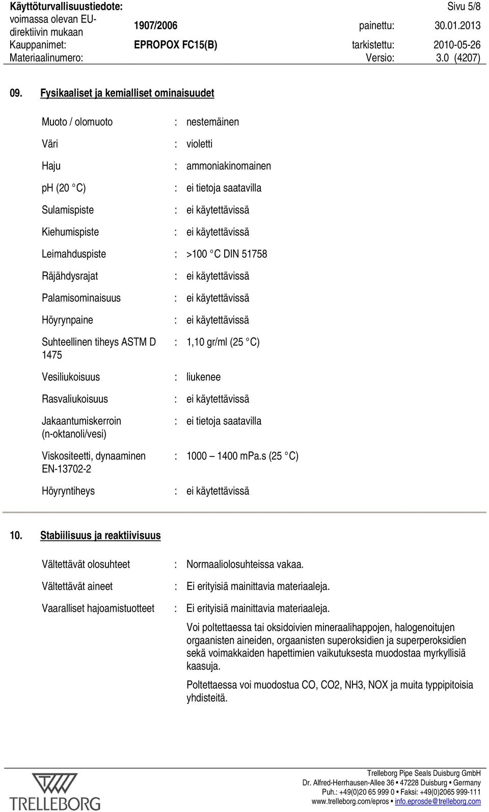 DIN 51758 Räjähdysrajat Palamisominaisuus Höyrynpaine Suhteellinen tiheys ASTM D 1475 Vesiliukoisuus Rasvaliukoisuus Jakaantumiskerroin (n-oktanoli/vesi) Viskositeetti, dynaaminen EN-13702-2