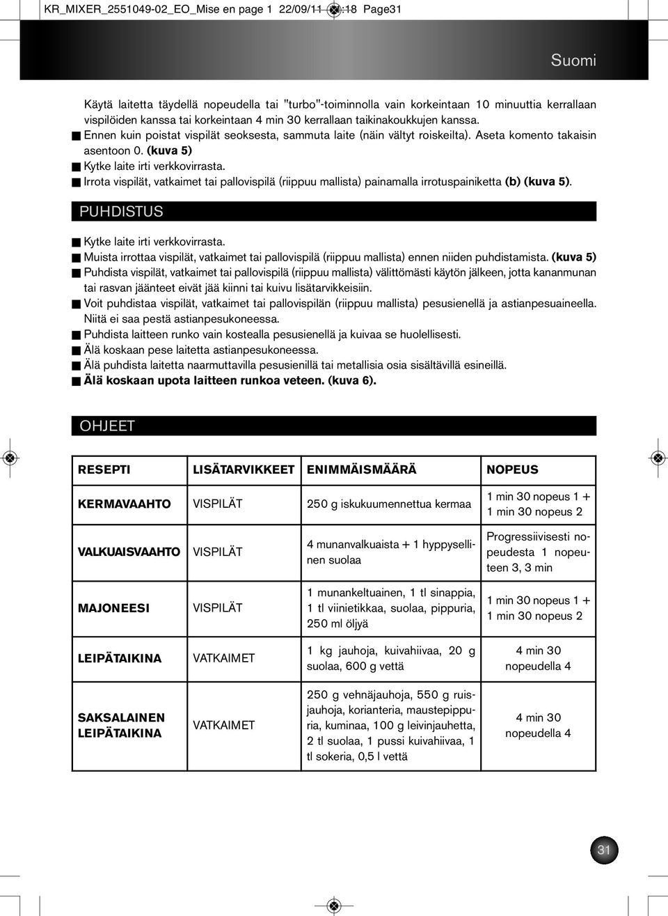 Irrota vispilät, vatkaimet tai pallovispilä (riippuu mallista) painamalla irrotuspainiketta (b) (kuva 5). PUHDISTUS Kytke laite irti verkkovirrasta.