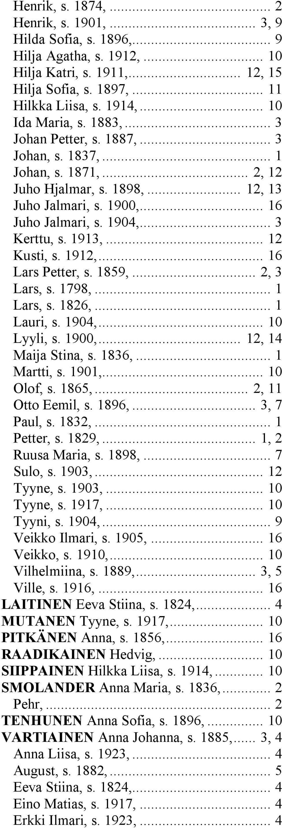 .. 3 Kerttu, s. 1913,... 12 Kusti, s. 1912,... 16 Lars Petter, s. 1859,... 2, 3 Lars, s. 1798,... 1 Lars, s. 1826,... 1 Lauri, s. 1904,... 10 Lyyli, s. 1900,... 12, 14 Maija Stina, s. 1836,.