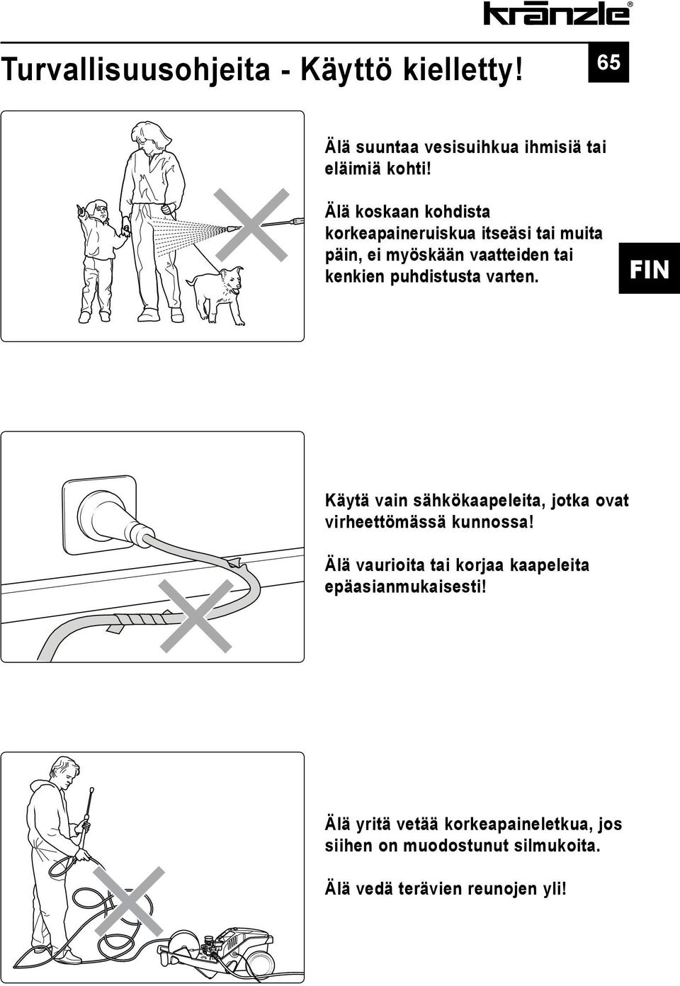 varten. FIN Käytä vain sähkökaapeleita, jotka ovat virheettömässä kunnossa!
