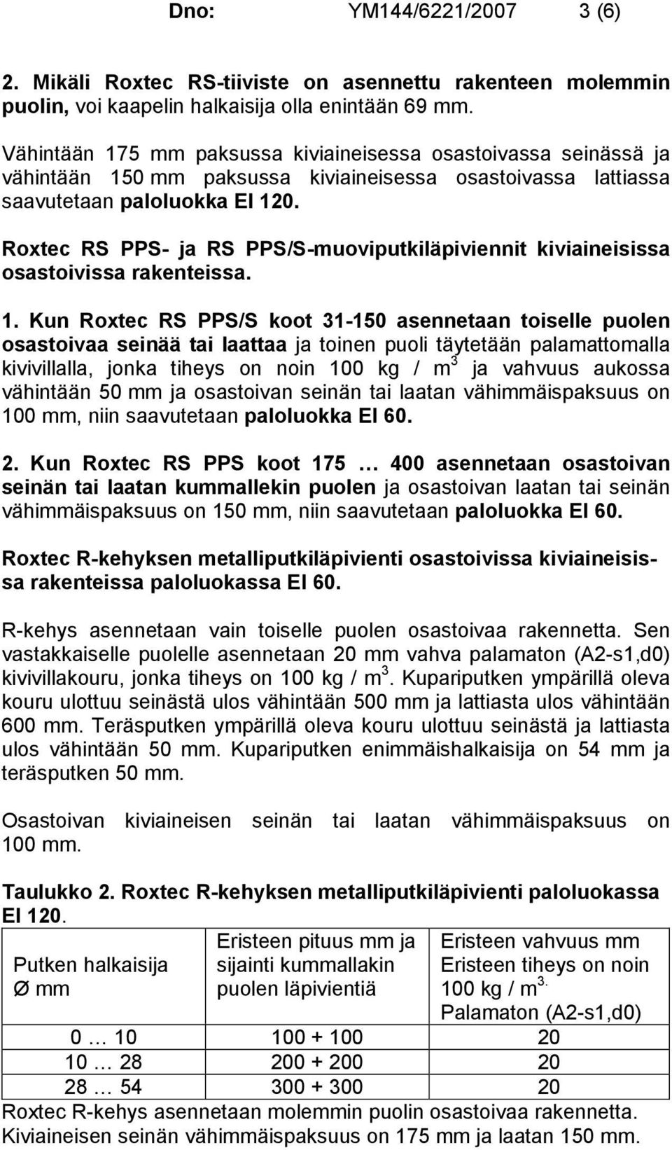 Roxtec RS PPS- ja RS PPS/S-muoviputkiläpiviennit kiviaineisissa osastoivissa rakenteissa. 1.