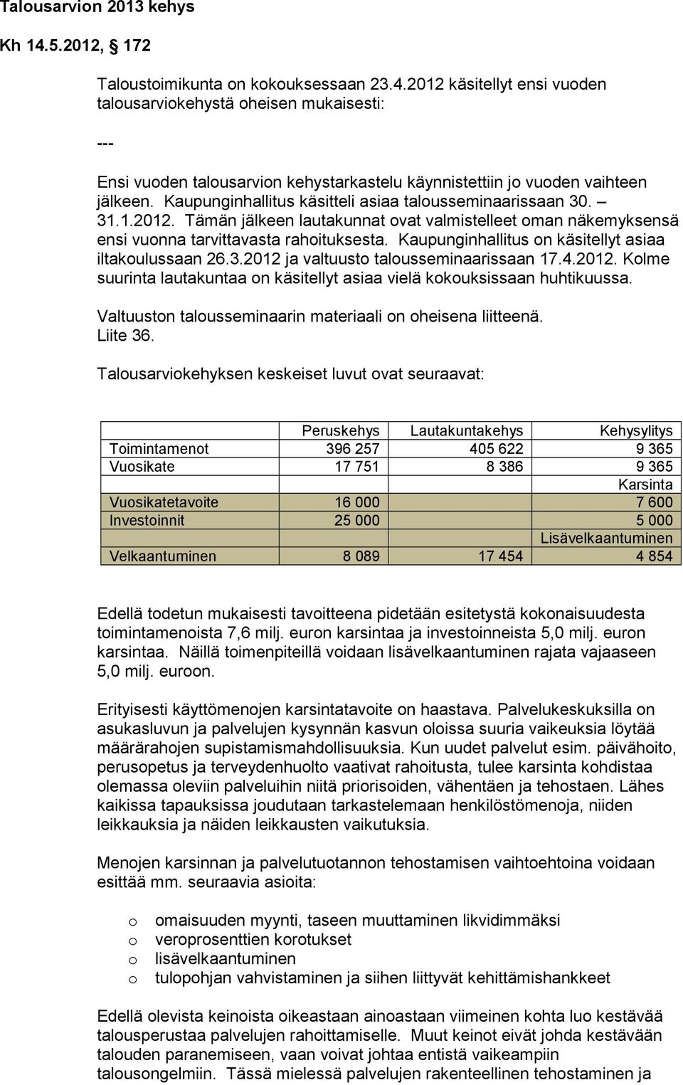 Kaupunginhallitus on käsitellyt asiaa iltakoulussaan 26.3.2012 ja valtuusto talousseminaarissaan 17.4.2012. Kolme suurinta lautakuntaa on käsitellyt asiaa vielä kokouksissaan huhtikuussa.