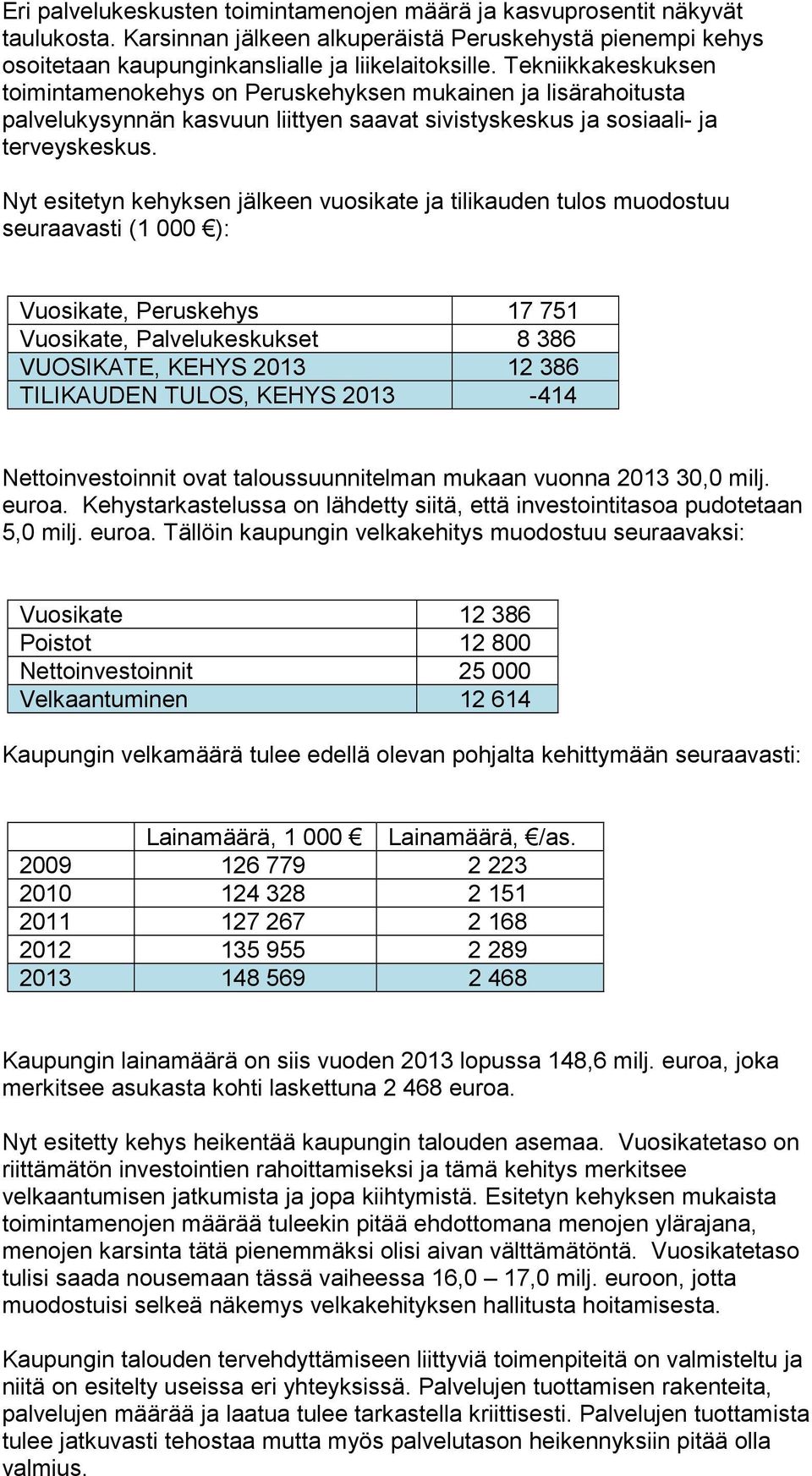 Nyt esitetyn kehyksen jälkeen vuosikate ja tilikauden tulos muodostuu seuraavasti (1 000 ): Vuosikate, Peruskehys 17 751 Vuosikate, Palvelukeskukset 8 386 VUOSIKATE, KEHYS 2013 12 386 TILIKAUDEN