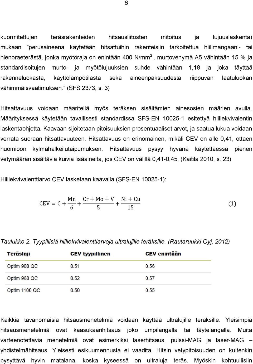 riippuvan laatuluokan vähimmäisvaatimuksen. (SFS 2373, s. 3) Hitsattavuus voidaan määritellä myös teräksen sisältämien ainesosien määrien avulla.
