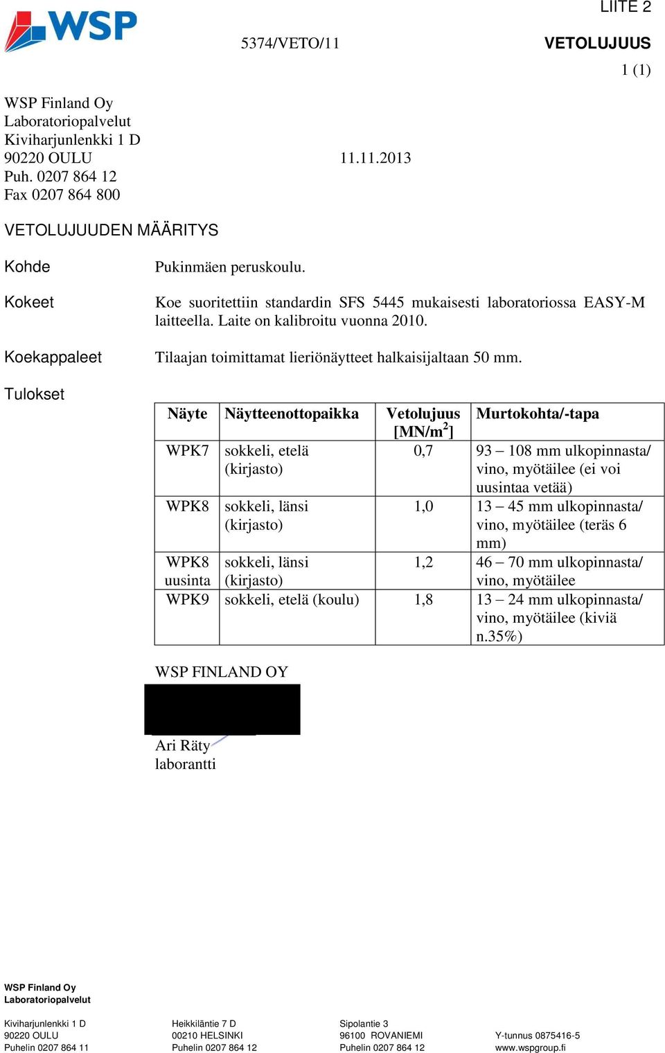 Näyte Näytteenottopaikka Vetolujuus Murtokohta/-tapa [MN/m 2 ] WPK7 sokkeli, etelä 0,7 93 108 mm ulkopinnasta/ (kirjasto) vino, myötäilee (ei voi WPK8 sokkeli, länsi (kirjasto) uusintaa vetää) 1,0 13