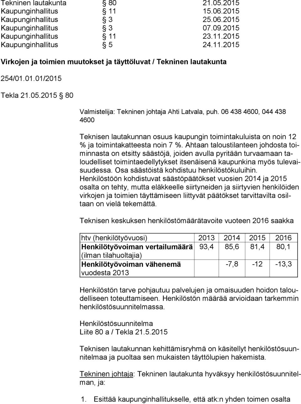 06 438 4600, 044 438 4600 Teknisen lautakunnan osuus kaupungin toimintakuluista on noin 12 % ja toimintakatteesta noin 7 %.