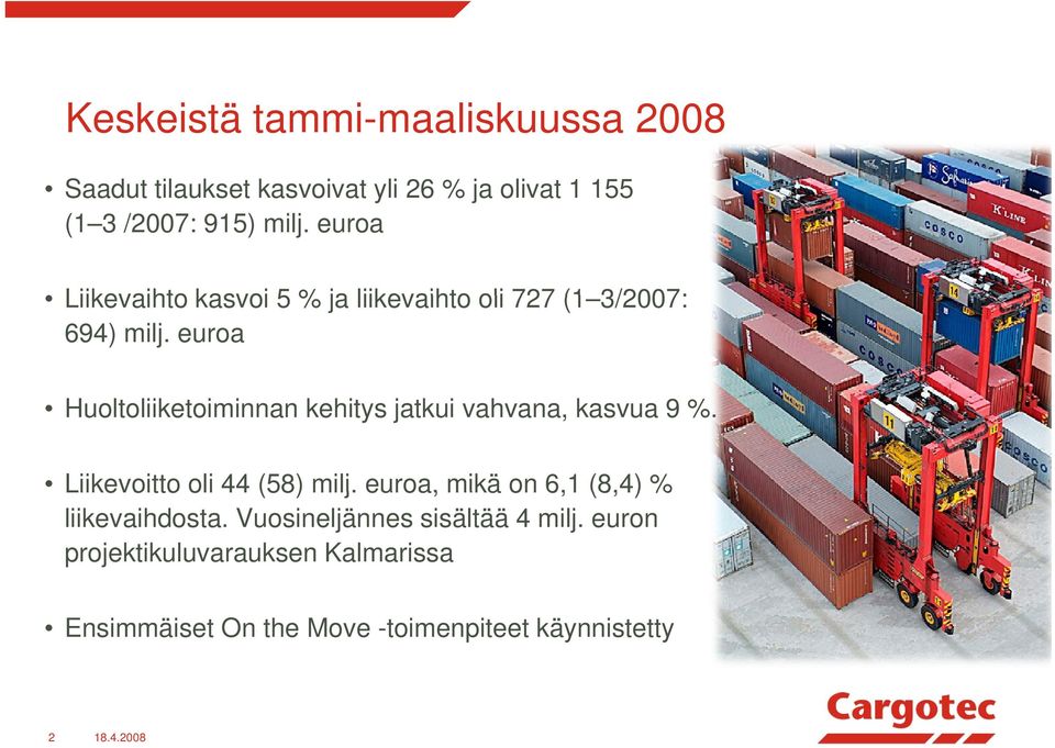 euroa Huoltoliiketoiminnan kehitys jatkui vahvana, kasvua 9 %. Liikevoitto oli 44 (58) milj.