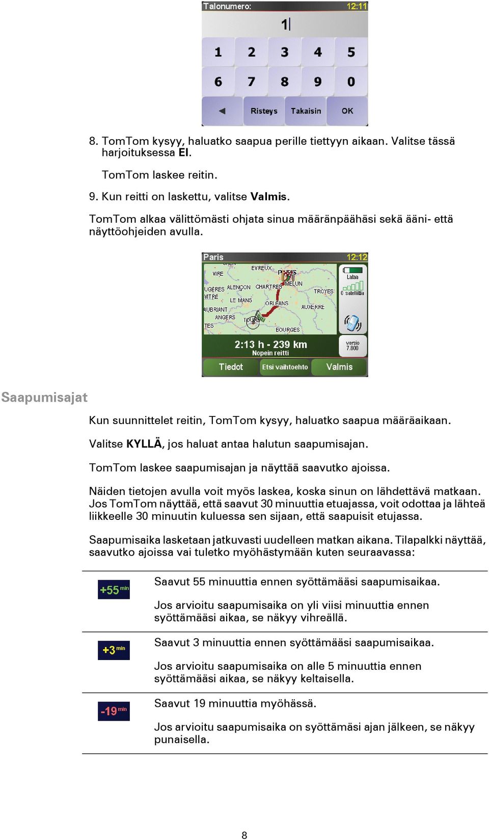 Valitse KYLLÄ, jos haluat antaa halutun saapumisajan. TomTom laskee saapumisajan ja näyttää saavutko ajoissa. Näiden tietojen avulla voit myös laskea, koska sinun on lähdettävä matkaan.