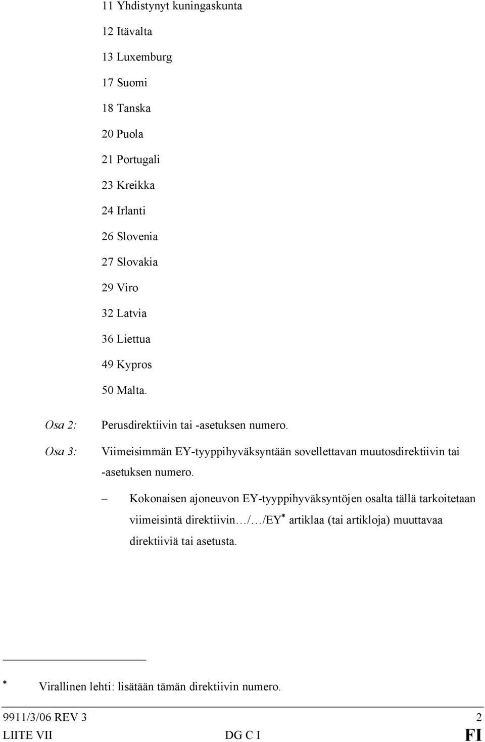 Viimeisimmän EY-tyyppihyväksyntään sovellettavan muutosdirektiivin tai -asetuksen numero.