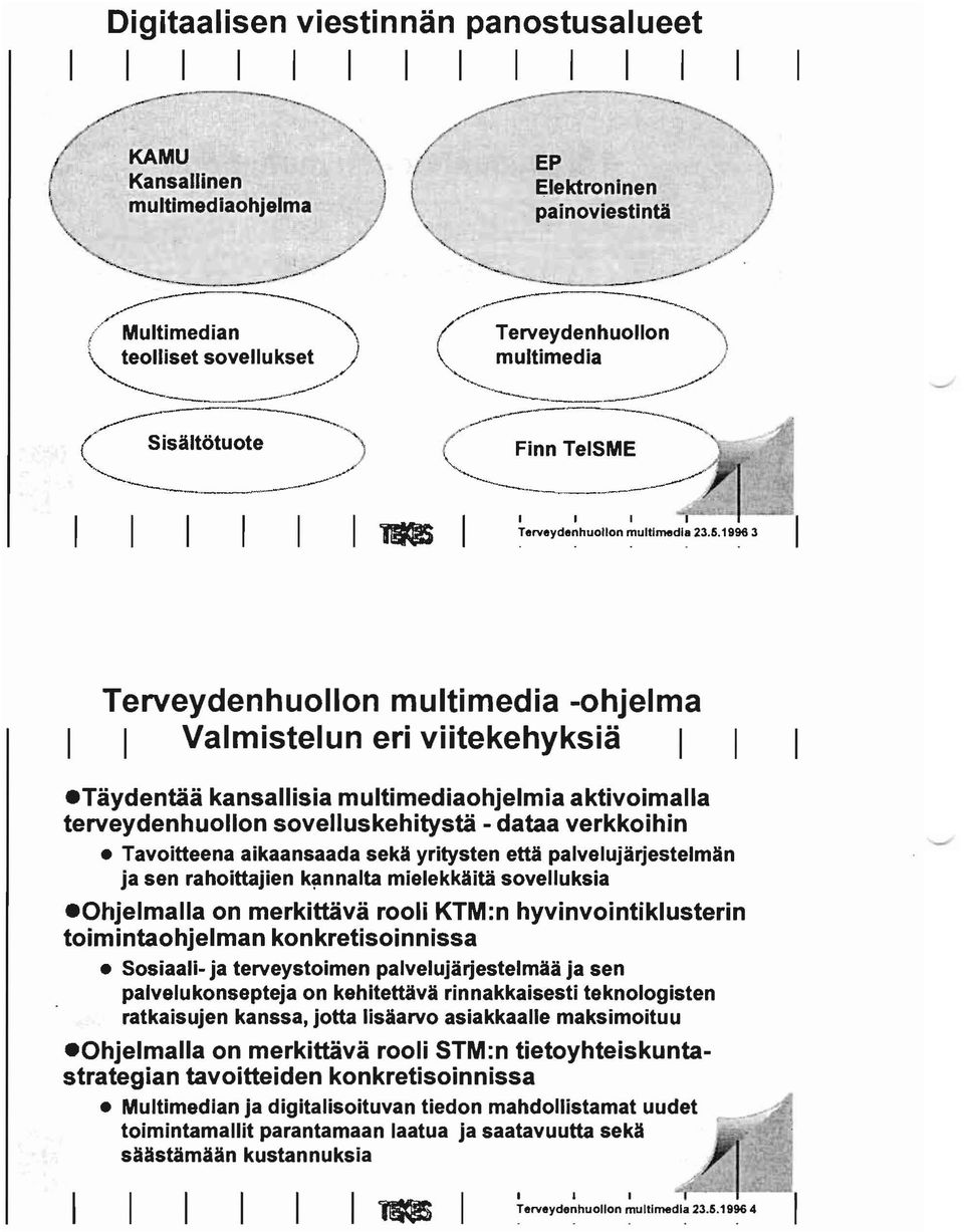1996 3 1 Valmistelun eri viitekehyksiä I etäydentää kansallisia multimediaohjelmia aktivoimalla terveydenhuollon sovelluskehitystä - dataa verkkoihin Tavoitteena aikaansaada sekä yritysten että