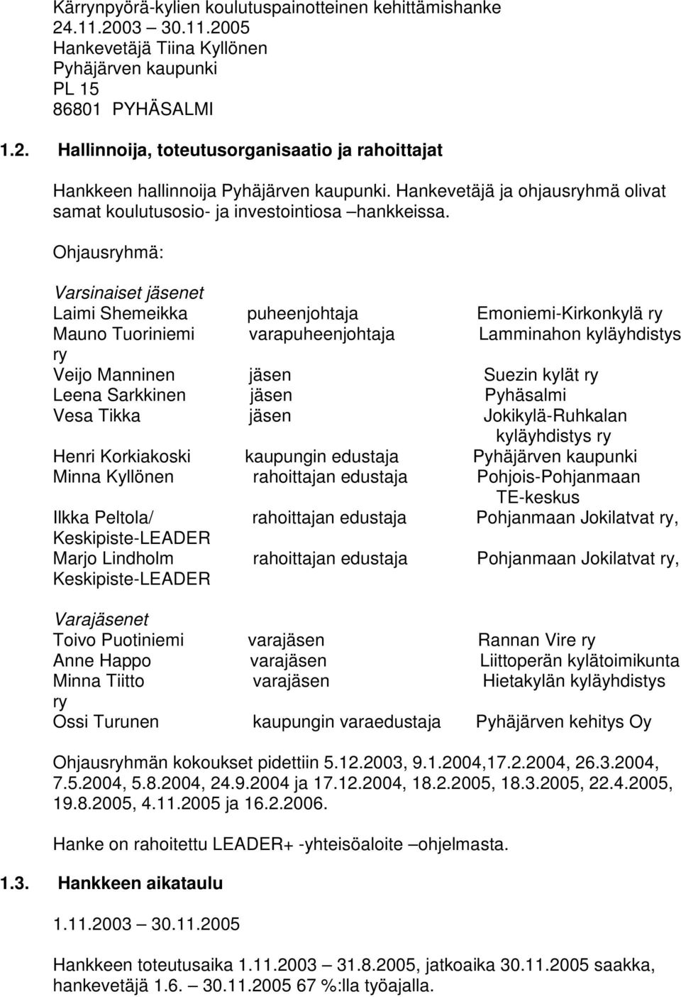 Ohjausryhmä: Varsinaiset jäsenet Laimi Shemeikka puheenjohtaja Emoniemi-Kirkonkylä ry Mauno Tuoriniemi varapuheenjohtaja Lamminahon kyläyhdistys ry Veijo Manninen jäsen Suezin kylät ry Leena