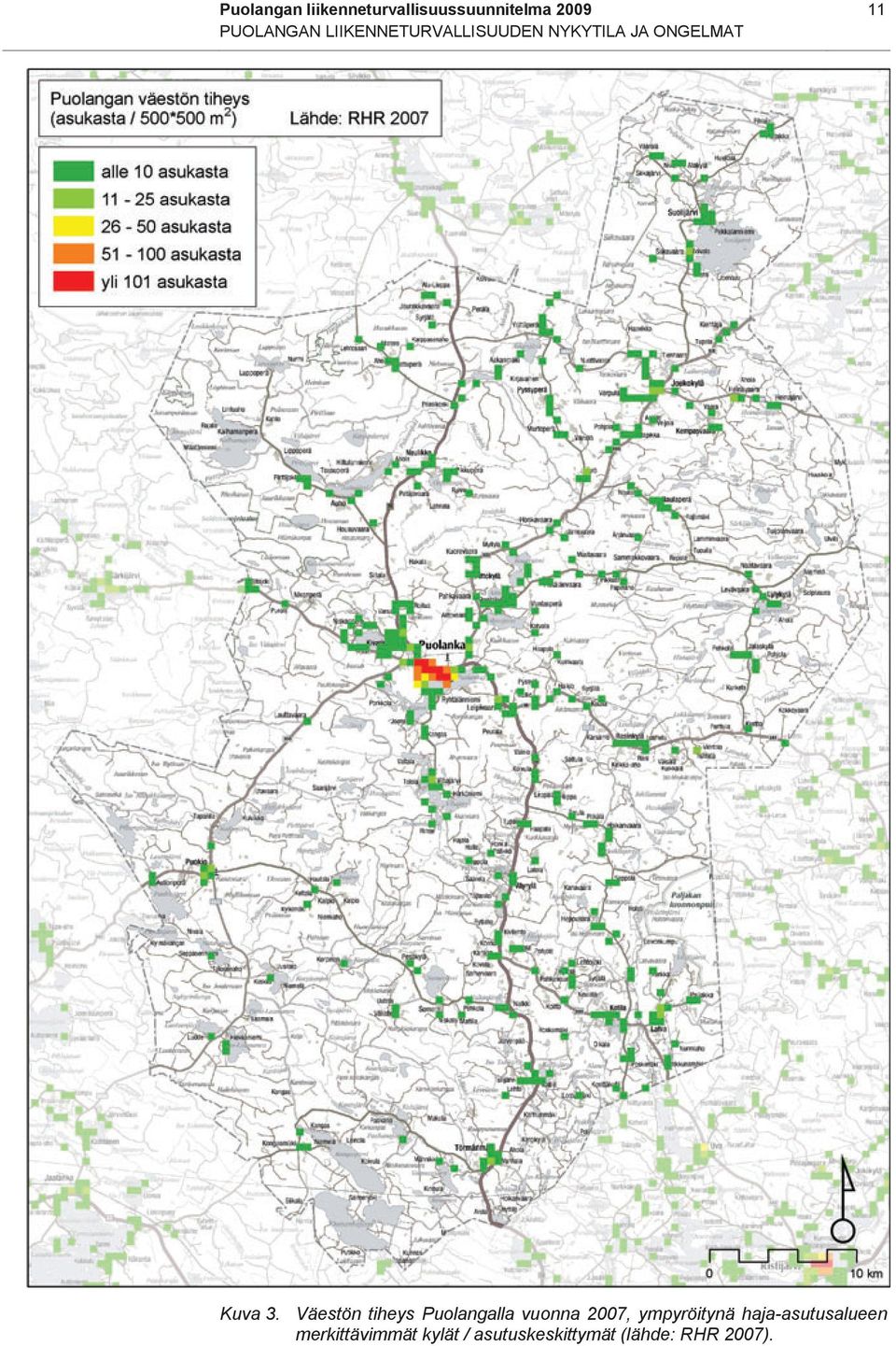 Väestön tiheys Puolangalla vuonna 2007, ympyröitynä