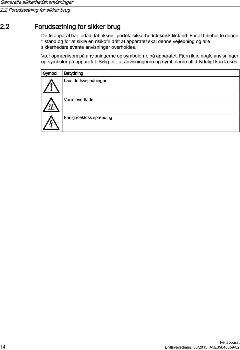 For at bibeholde denne tilstand og for at sikre en risikofri drift af apparatet skal denne vejledning og alle sikkerhedsrelevante anvisninger overholdes.