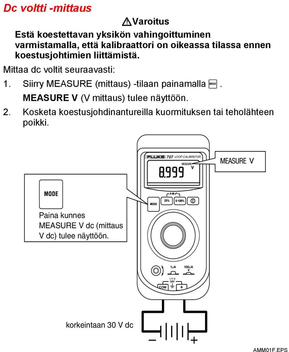 Siirry MEASURE (mittaus) -tilaan painamalla A. MEASURE V (V mittaus) tulee näyttöön. 2.