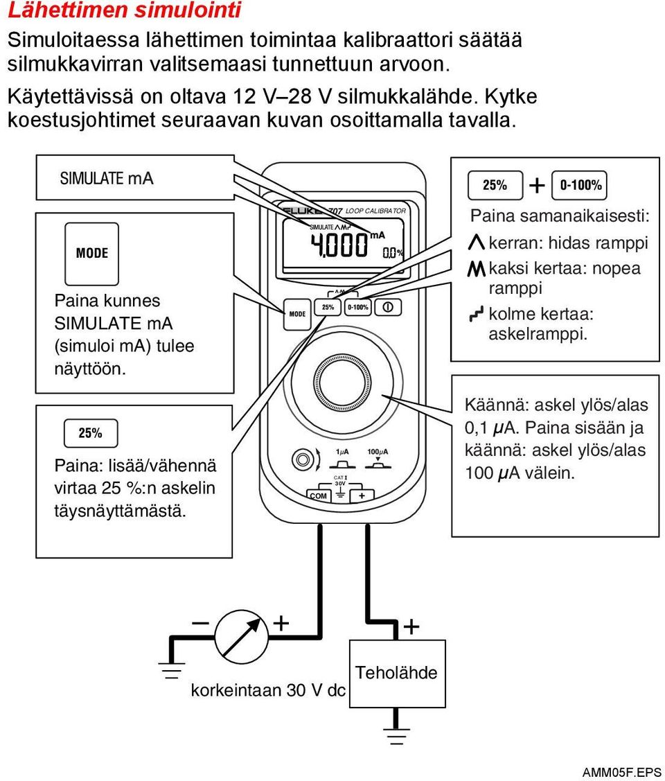 Paina kunnes SIMULATE ma (simuloi ma) tulee näyttöön. Paina: lisää/vähennä virtaa 25 %:n askelin täysnäyttämästä.