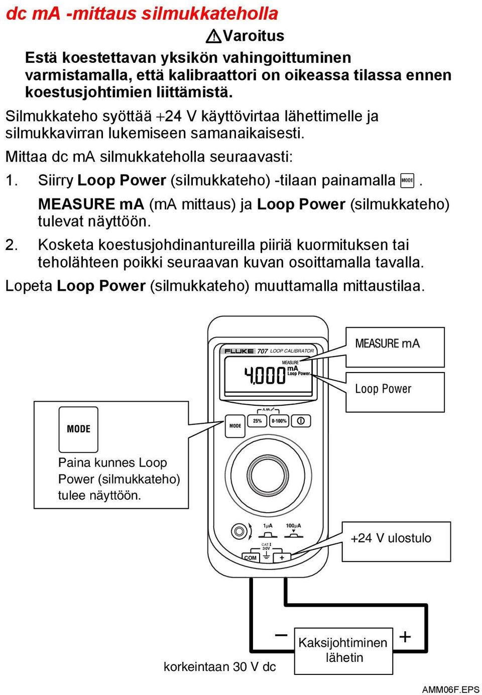 Siirry Loop Power (silmukkateho) -tilaan painamalla A. MEASURE ma (ma mittaus) ja Loop Power (silmukkateho) tulevat näyttöön. 2.