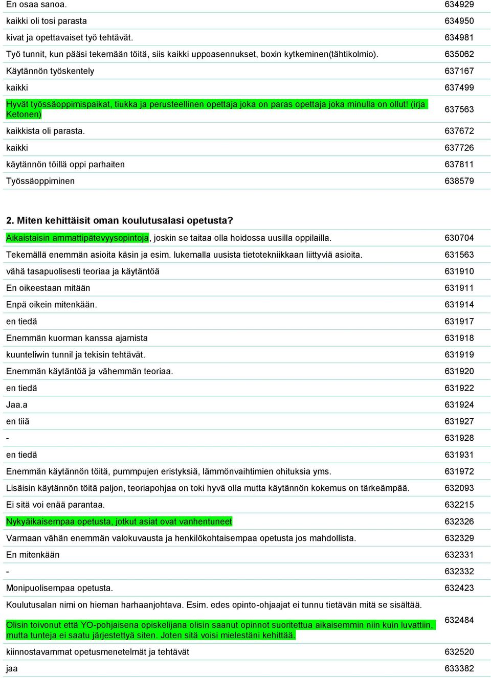 (irja Ketonen) 637563 kaikkista oli parasta. 637672 kaikki 637726 käytännön töillä oppi parhaiten 637811 Työssäoppiminen 638579 2. Miten kehittäisit oman koulutusalasi opetusta?