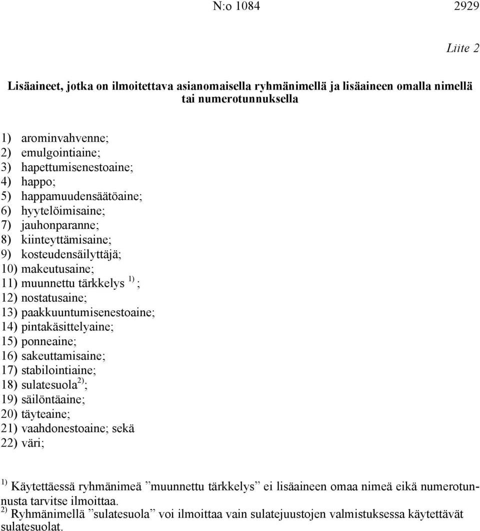 paakkuuntumisenestoaine; 14) pintakäsittelyaine; 15) ponneaine; 16) sakeuttamisaine; 17) stabilointiaine; 18) sulatesuola 2) ; 19) säilöntäaine; 20) täyteaine; 21) vaahdonestoaine; sekä 22) väri; 1)