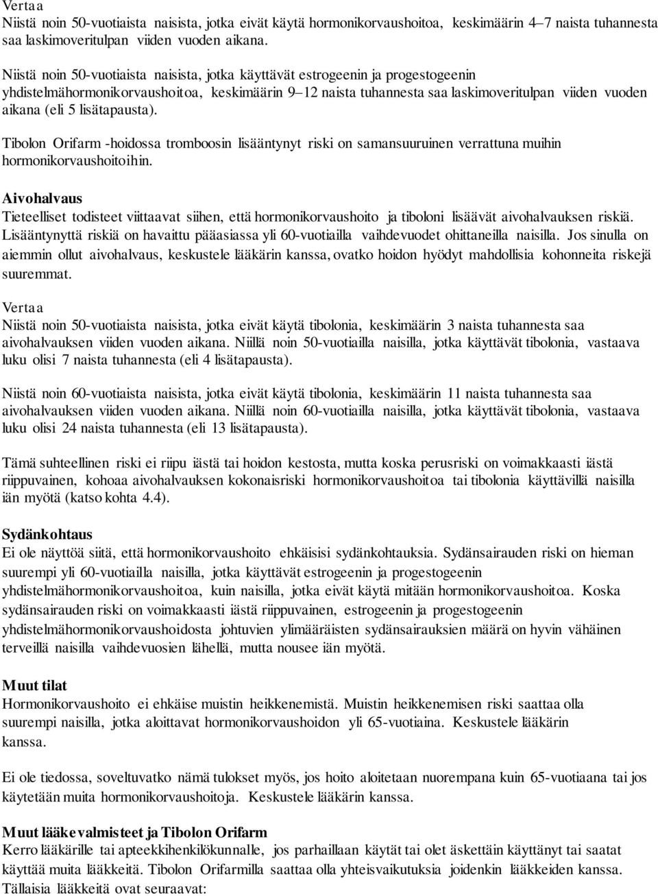lisätapausta). Tibolon Orifarm -hoidossa tromboosin lisääntynyt riski on samansuuruinen verrattuna muihin hormonikorvaushoitoihin.