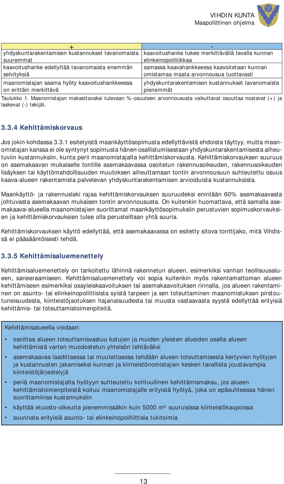 tavanomaista pienemmät Taulukko 1. Maanomistajan maksettavaksi tulevaan %-osuuteen arvonnoususta vaikuttavat osuuttaa nostavat (+) ja laskevat (-) tekijät. 3.3.4 Kehittämiskorvaus Jos jokin kohdassa 3.