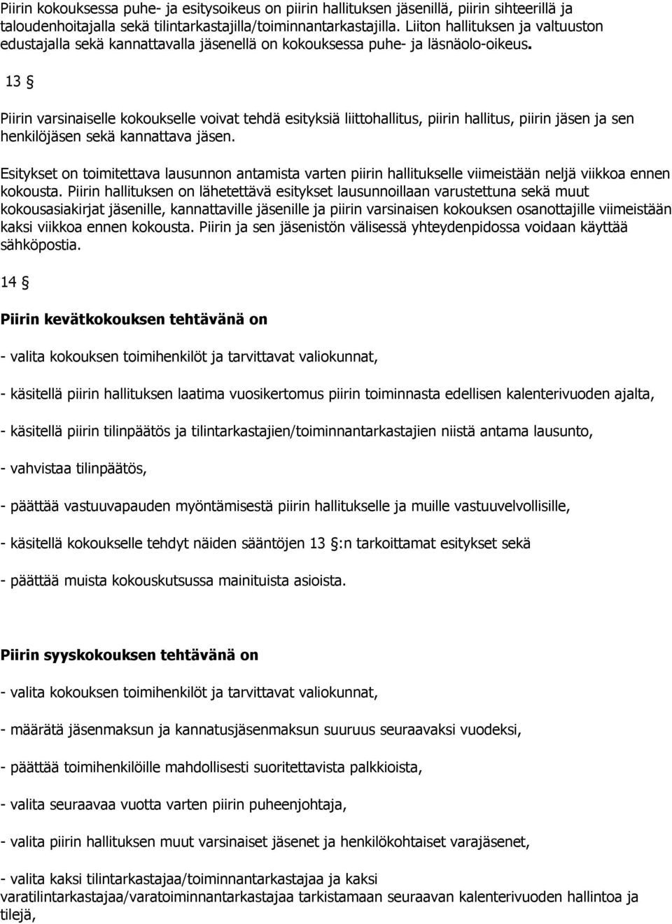 13 Piirin varsinaiselle kokoukselle voivat tehdä esityksiä liittohallitus, piirin hallitus, piirin jäsen ja sen henkilöjäsen sekä kannattava jäsen.