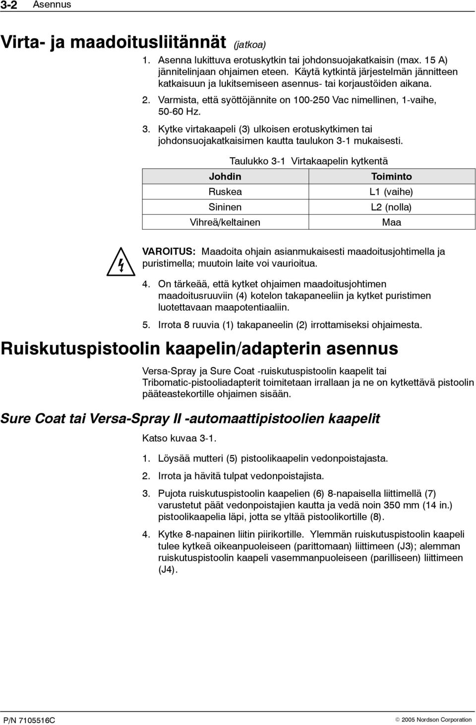 Kytke virtakaapeli (3) ulkoisen erotuskytkimen tai johdonsuojakatkaisimen kautta taulukon 3-1 mukaisesti.