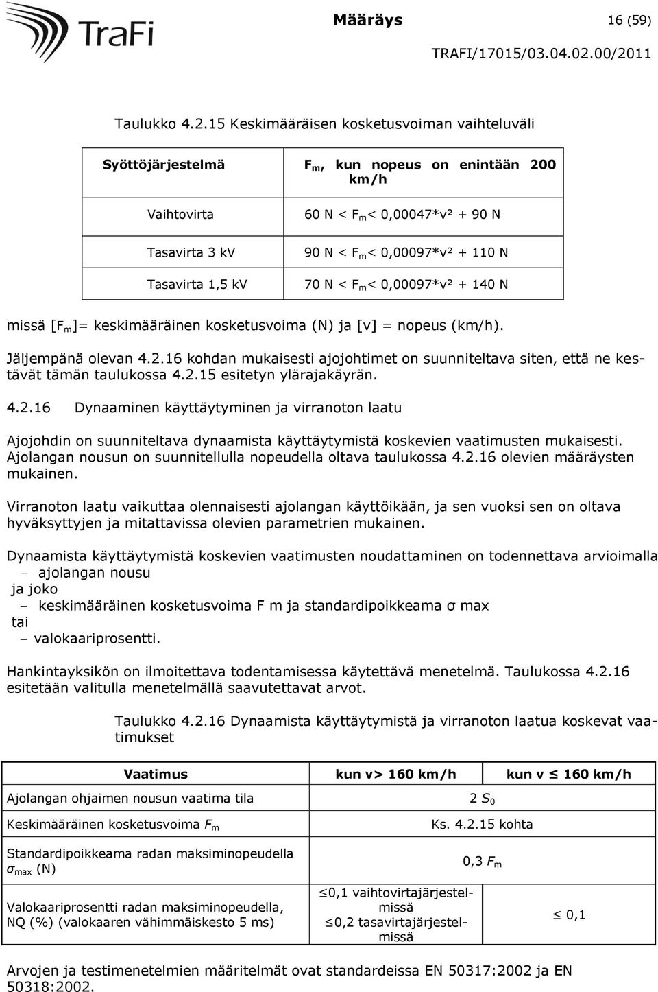 + 110 N 70 N < F m < 0,00097*v² + 140 N missä [F m ]= keskimääräinen kosketusvoima (N) ja [v] = nopeus (km/h). Jäljempänä olevan 4.2.