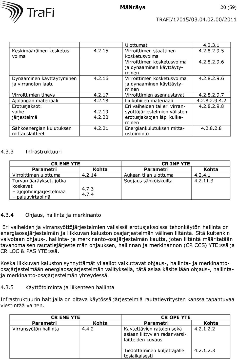 2.8.2.9.4.2 Erotusjaksot: vaihe järjestelmä 4.2.19 4.2.20 Eri vaiheiden tai eri virransyöttöjärjestelmien välisten erotusjaksojen läpi kulkeminen 4.2.8.2.9.8 Sähköenergian kulutuksen mittauslaitteet 4.