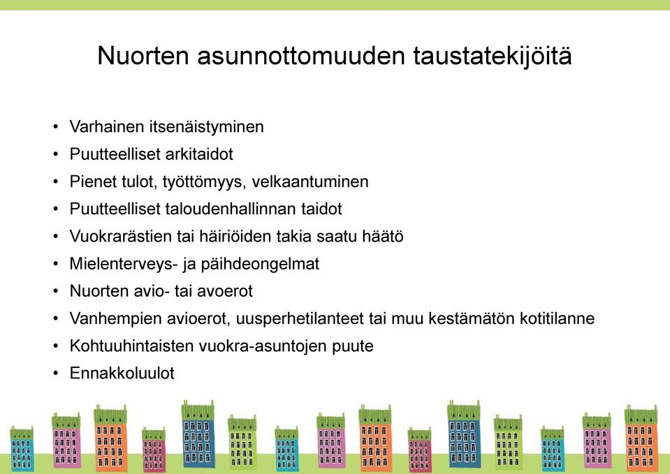 häiriöiden takia saatu häätö Mielenterveys- ja päihdeongelmat Nuorten avio- tai avoerot Vanhempien