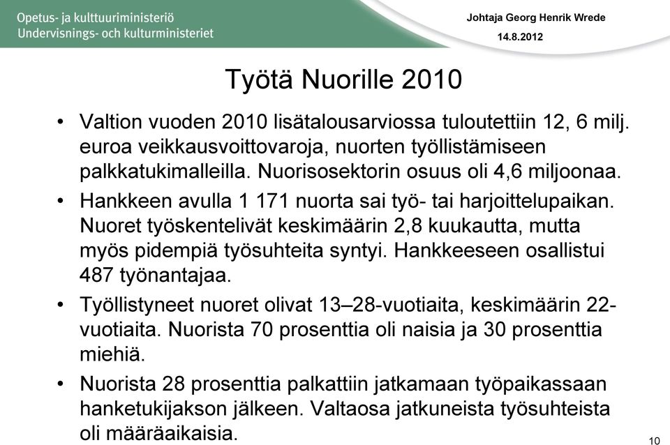 Nuoret työskentelivät keskimäärin 2,8 kuukautta, mutta myös pidempiä työsuhteita syntyi. Hankkeeseen osallistui 487 työnantajaa.