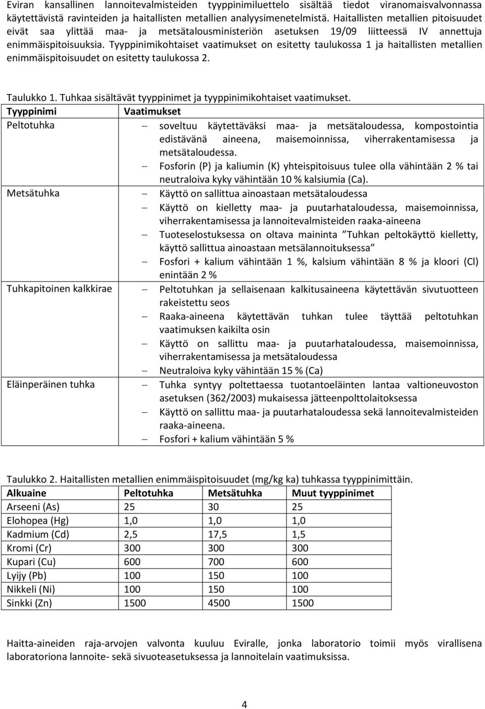Tyyppinimikohtaiset vaatimukset on esitetty taulukossa 1 ja haitallisten metallien enimmäispitoisuudet on esitetty taulukossa 2. Taulukko 1.