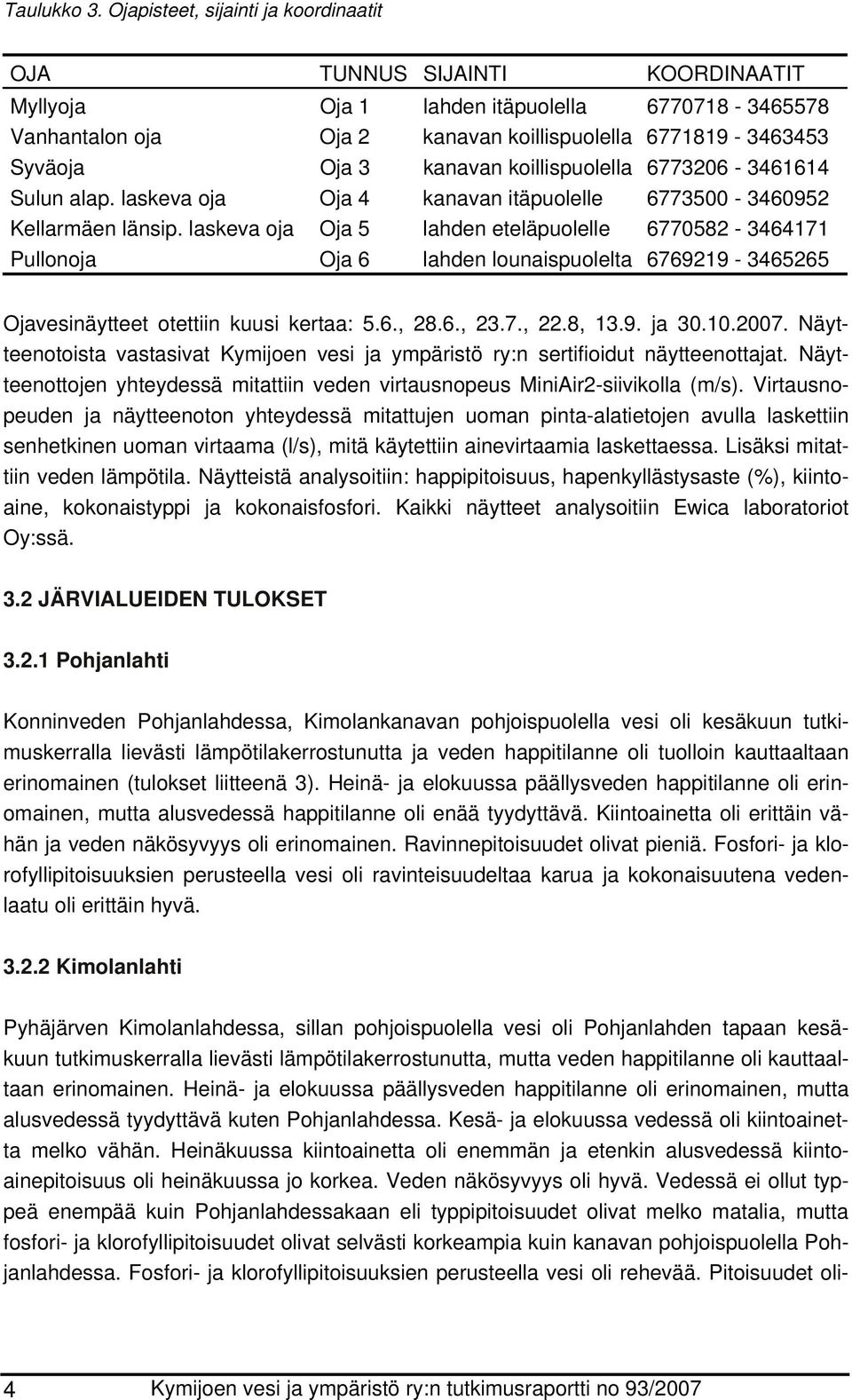 kanavan koillispuolella 6773206-3461614 Sulun alap. laskeva oja Oja 4 kanavan itäpuolelle 6773500-3460952 Kellarmäen länsip.