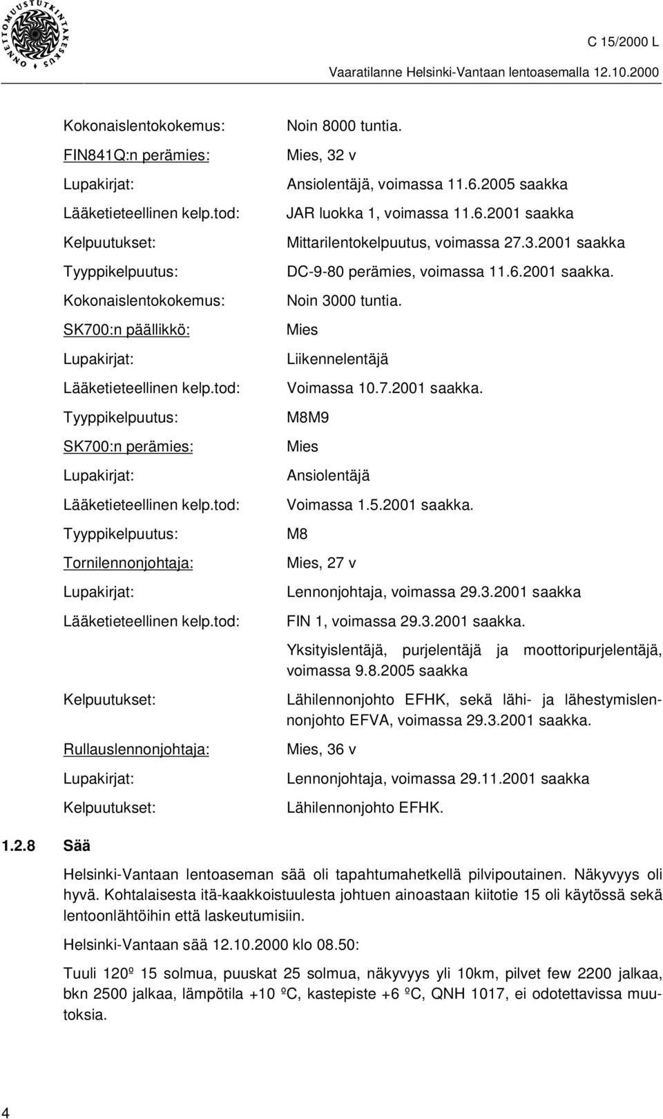 tod: Kelpuutukset: Rullauslennonjohtaja: Lupakirjat: Kelpuutukset: Noin 8000 tuntia. Mies, 32 v Ansiolentäjä, voimassa 11.6.2005 saakka JAR luokka 1, voimassa 11.6.2001 saakka Mittarilentokelpuutus, voimassa 27.