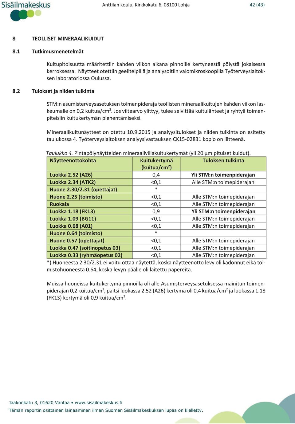 Näytteet otettiin geeliteipillä ja analysoitiin valomikroskoopilla Työterveyslaitoksen laboratoriossa Oulussa. 8.