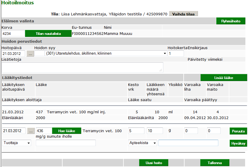 Hoitoilmoitus / Lisää uusi Jäämätesti