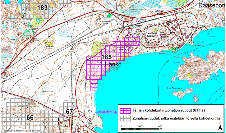 Hanko, Zonation-aluetunnus 185 HANKO (185) Alue sijaitsee Hangon koillisosassa, aivan Lappohjan taajaman länsipuolella, Tvärminne Storfjärdenin luoteisrannalla.