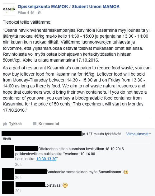 Ylijäämäruoan myynti 22 Viikolla 42 aloitettiin lounasajan päätyttyä linjastoon jääneen ruoan myynnin takeaway-periaatteella opiskelijoille ja henkilökunnalle.