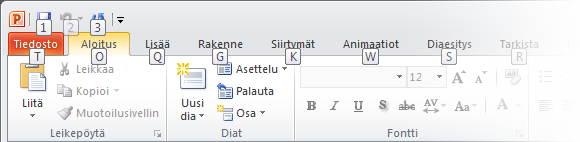 Tässä esimerkissä avataan Q-näppäimellä Lisää-välilehti, G-näppäimellä Rakenne-välilehti, K-näppäimellä Siirtymät-välilehti ja niin edelleen.