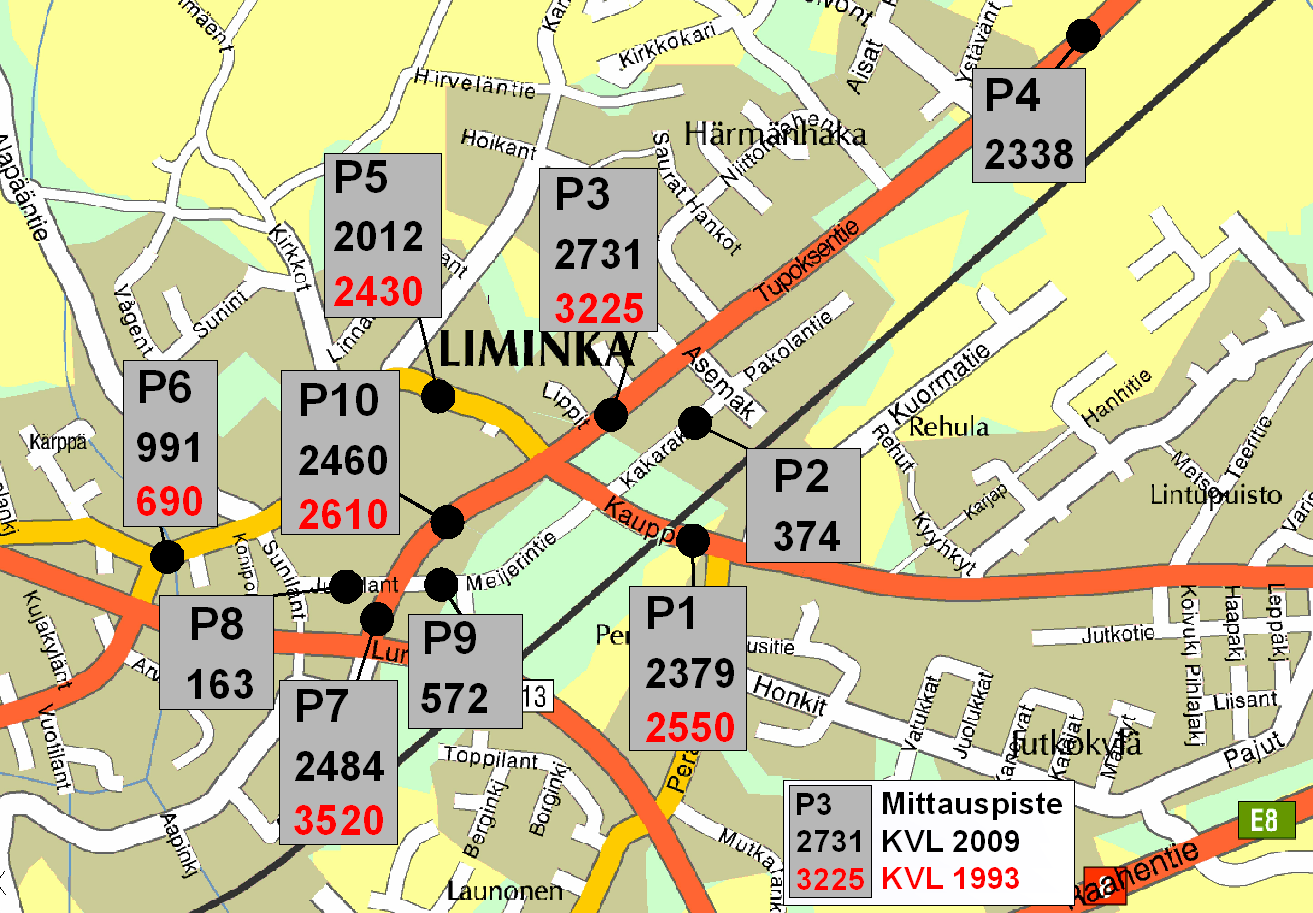 KUVA 27. Liikennemäärät 1993 ja 2009 Kuvassa 28 on esitetty vuosien 1990 ja 2009 mitattujen ajoneuvojen nopeudet ajosuunnittain.