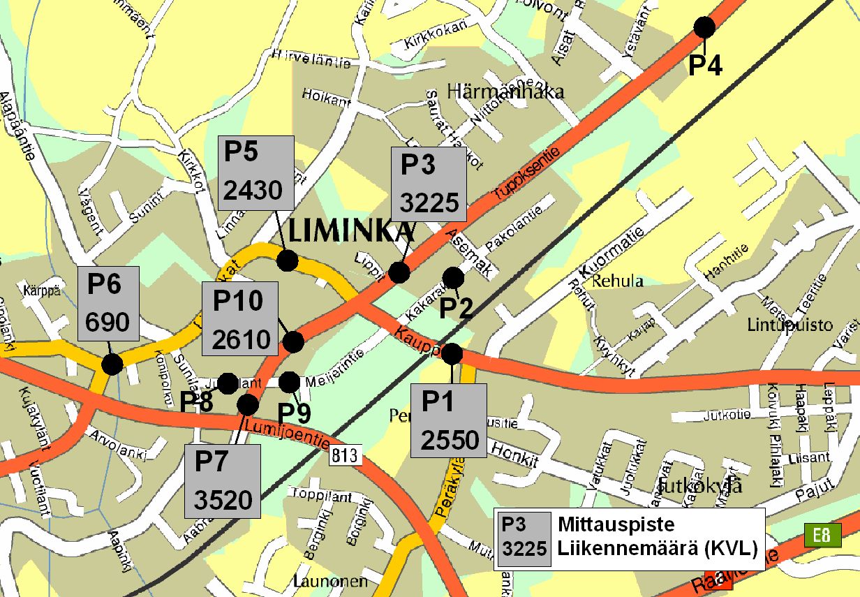 sessa ajoneuvojen vuorokausiliikennemäärät vaihtelivat 690-3520 välillä, liikennemäärät riippuvat mittauspisteestä ja ajoneuvojen kulkusuunnasta (kuva 4).