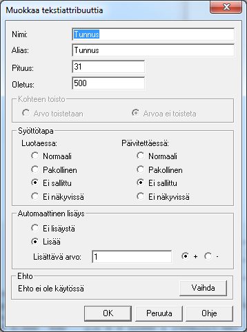 46 1 2 Valitut kohteet 3 Kuva 13. Kirjastoeritori & Elenia tiedonkeruukirjasto Oletusarvo 500 => muutetaan arvoksi 1 (Vaihtoehtoinen) Otetaan Automaattinen lisäys pois jotta arvo pysyy 1:ssä. Kuva 14.
