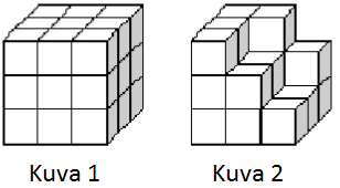 Kenguru 2013 Benjamin sivu 2 / 7 3 pistettä 1. Yhteenlaskukoneeseen syötetään luvut 2, 0, 1 ja 3. Mikä summa muodostuu kysymysmerkkilaatikkoon? 2. Nelli haluaa rakentaa samanlaisen kuution kuin Tiina (kuva 1).