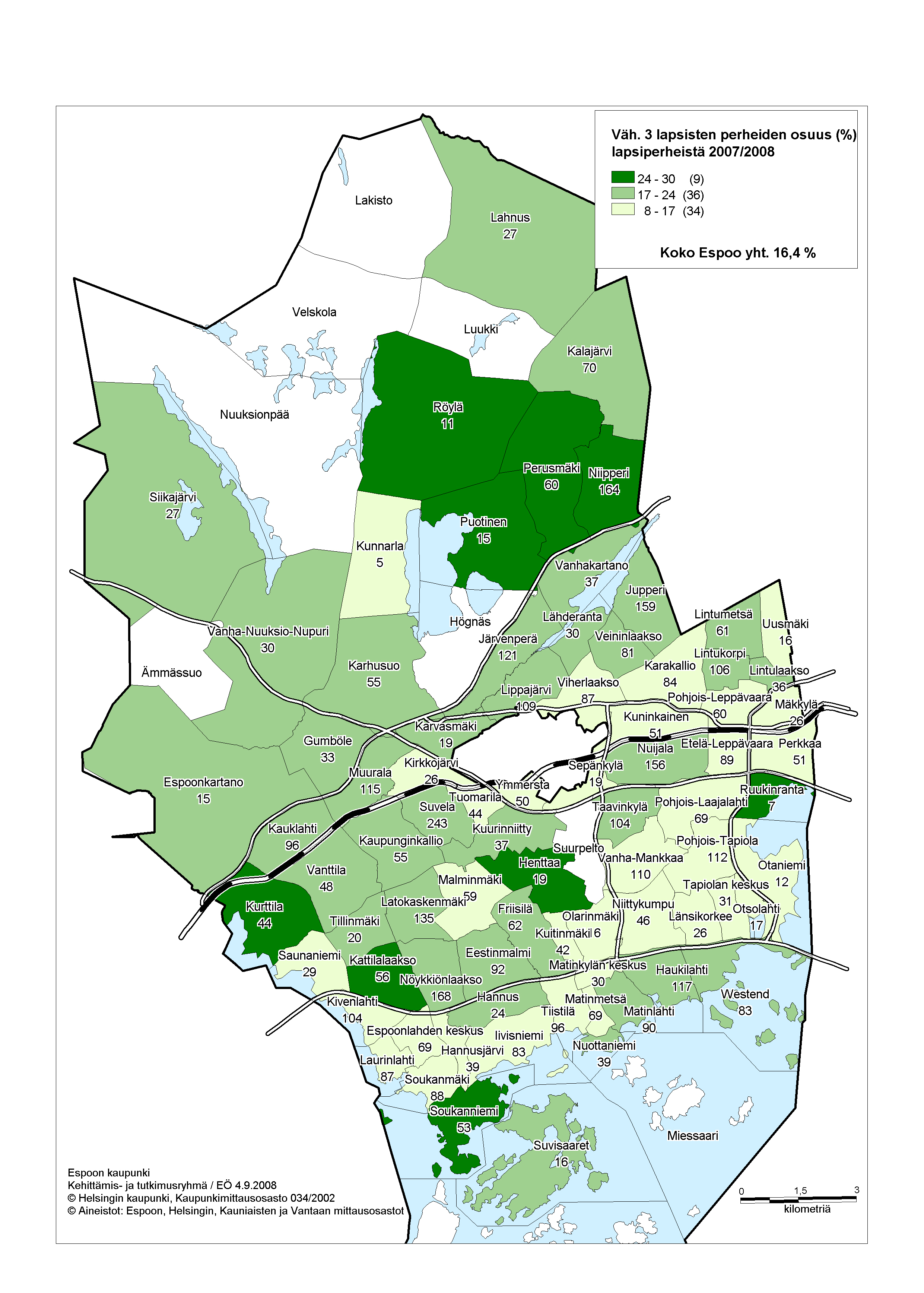 Kuva 2. Vähintään 3 lapsisten perheiden osuus lapsiperheistä vuodenvaihteessa 2007/08. (Karttaan merkitty Espoon tilastolliset pienalueet ja väh.