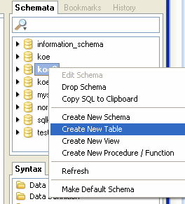 3. MYSQL QUERY BROWSER Kannan luonti: voit luoda uuden kannan kirjautumisen yhteydessä tai kirjoita CREATE DATABASE käsky ja