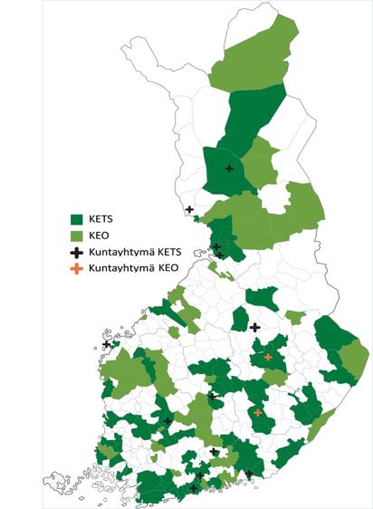 KETS ja KEO Liittymistilanne ja kattavuus 2016 tammikuu Energiatehokkuussopimus KETS 50 kaupunkia 14 kuntaa 14 kuntayhtymää yhteensä 77 liittyjää, kattaa noin 70 % Suomen asukasluvusta Energiaohjelma