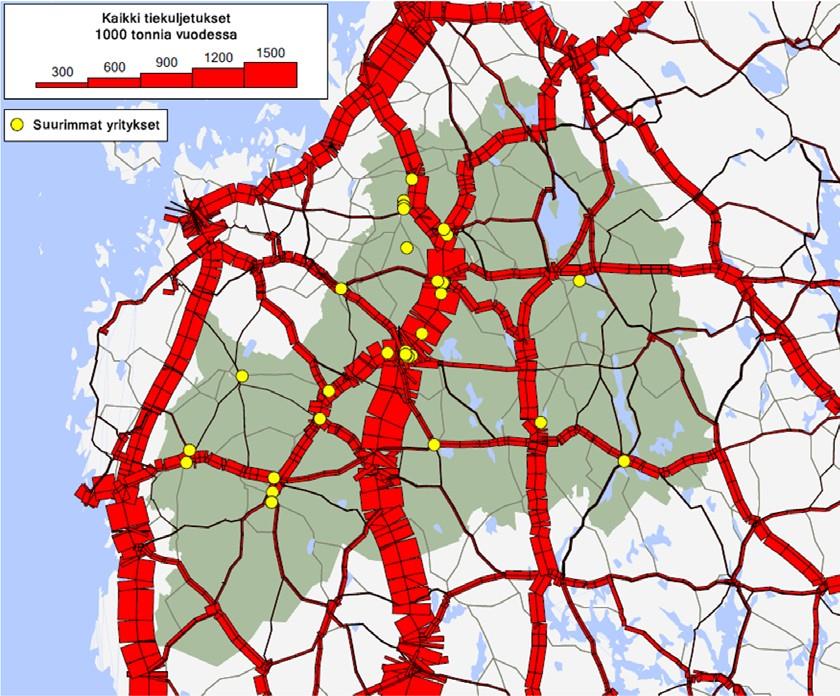 Kuva 9. Etelä-Pohjanmaan maantiekuljetukset, vuosien 2007 2009 keskiarvo. Etelä-Pohjanmaalla elinkeinoelämän toimijat tekevät runsaasti yhteistyötä omien toimialojensa sisällä.